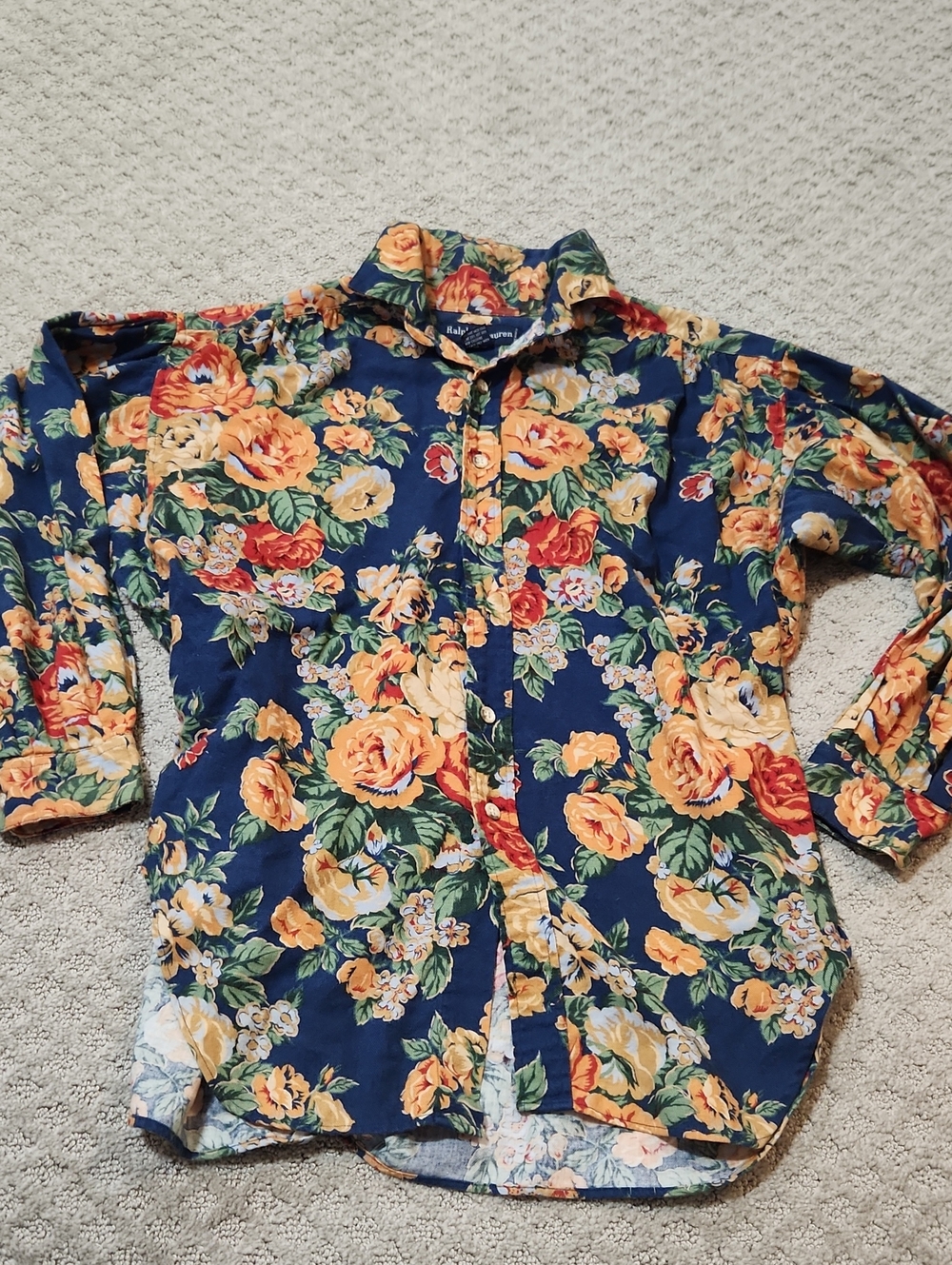 Ralph Lauren Floral Print Button-Up Shirt Navy with Yellow & Red Flowers Size 8 - Picture 15 of 16